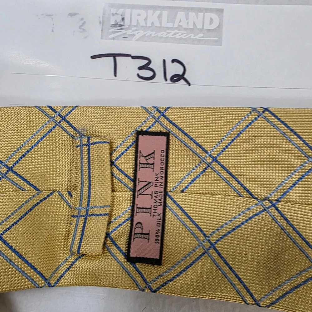 Thomas Pink Mens Yellow Blue Windowpane Check 100% Silk Tie Made in Morocco